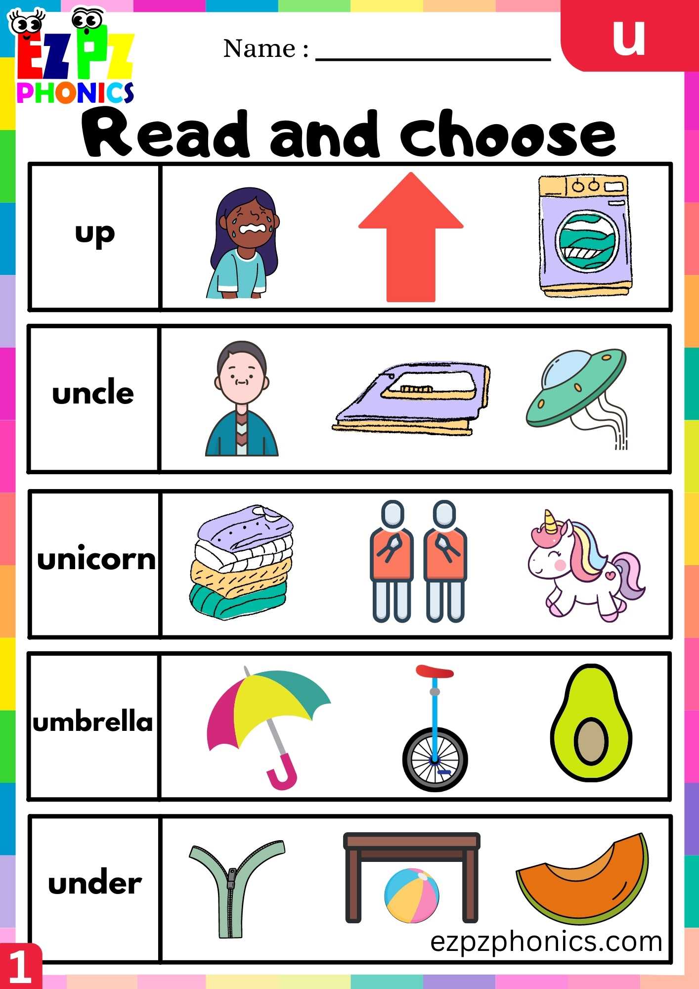Letter U Read And Choose Beginning Sounds Worksheet
